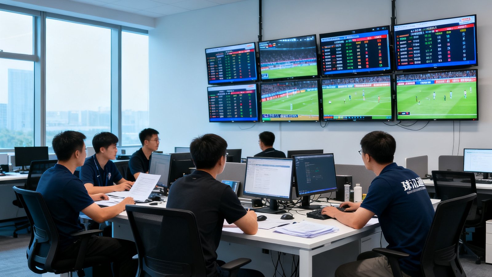 球讯通体育科技团队在开放式办公室中协作工作的场景，墙上悬挂着多块赛事数据监控屏幕