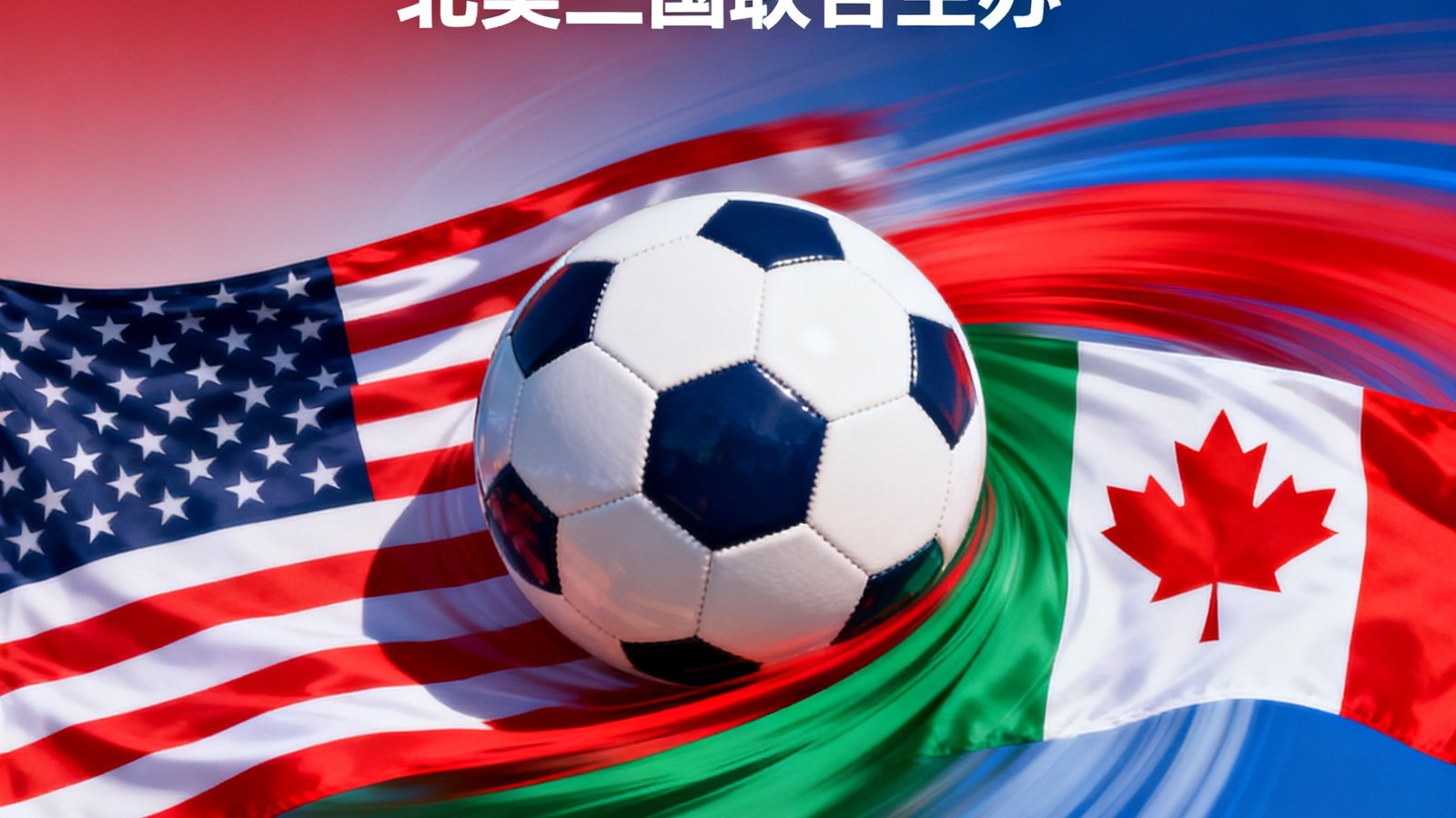 2026年世界杯官方宣传海报，展示北美三国联合主办的主题视觉，足球与三色旗帜交织的动感设计